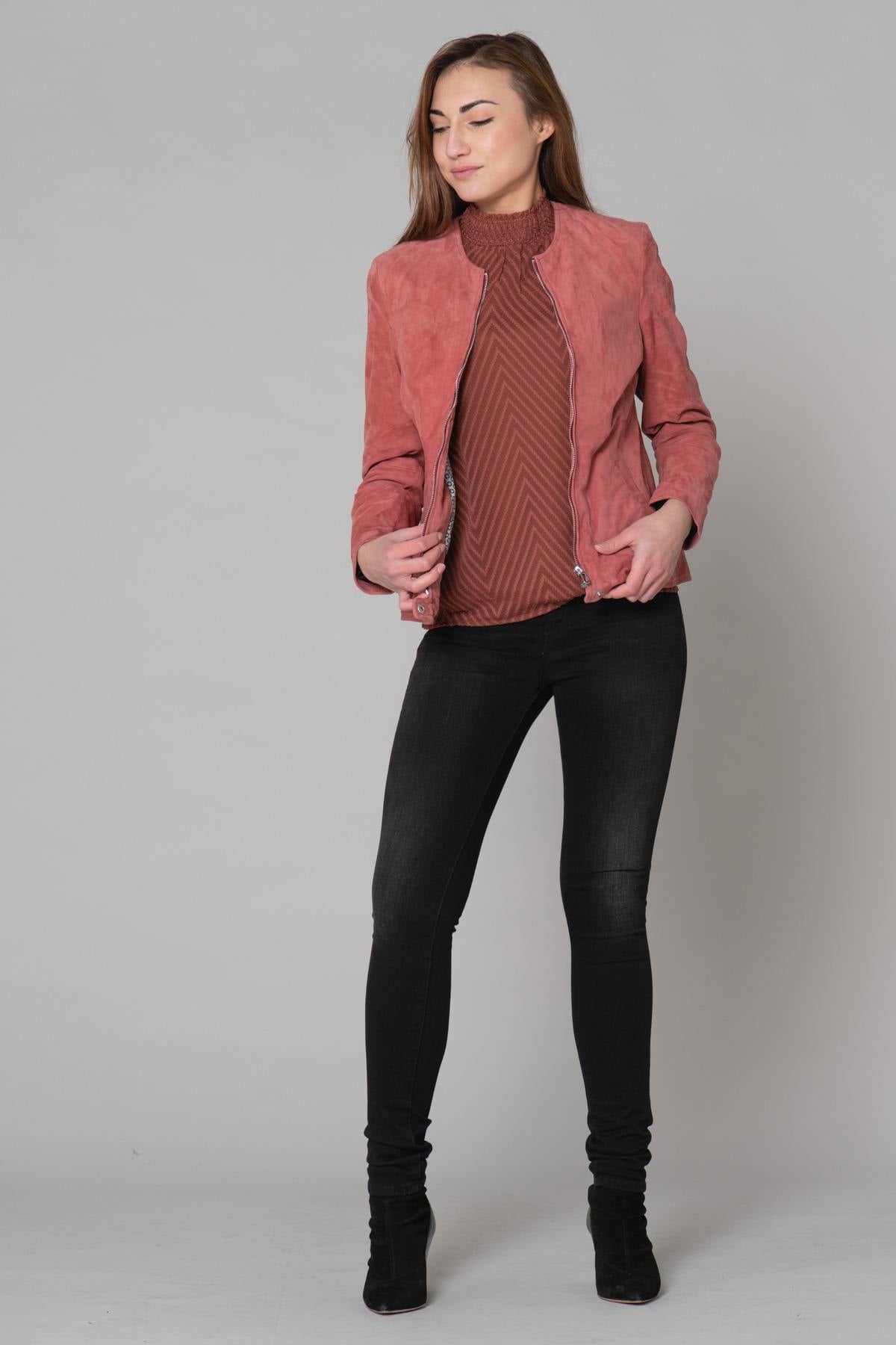 Blouson Femme Rose Garden ELISA CURVE GOAT SUEDE MINERAL RED — vue 2