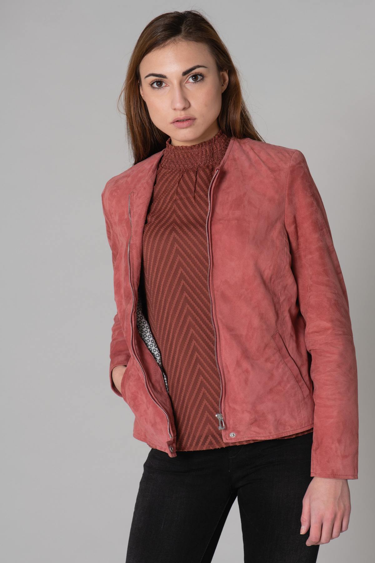 Blouson Femme Rose Garden ELISA CURVE GOAT SUEDE MINERAL RED — vue 1