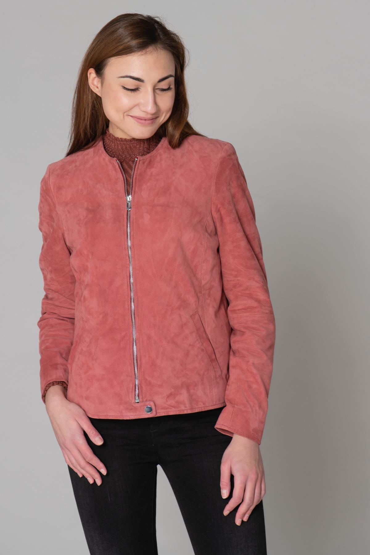 Blouson Femme Rose Garden ELISA CURVE GOAT SUEDE MINERAL RED — vue 3