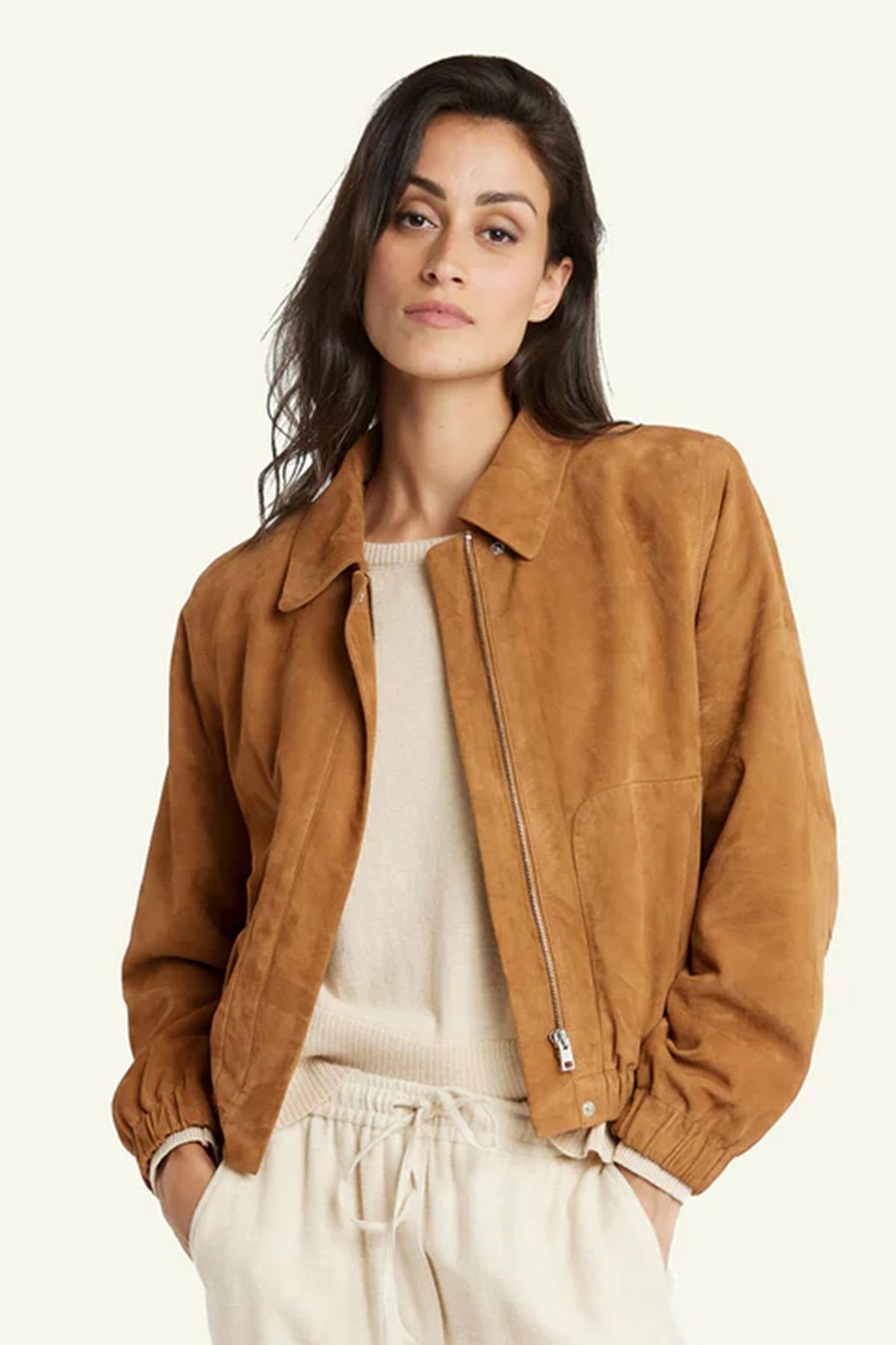 Damen Jacke Serge Pariente CLOTILDE GOAT SUEDE COGNAC — Ansicht 3