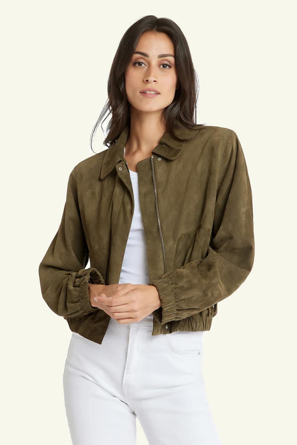 Damen Jacke Serge Pariente CLOTILDE GOAT SUEDE KHAKI — Ansicht 1
