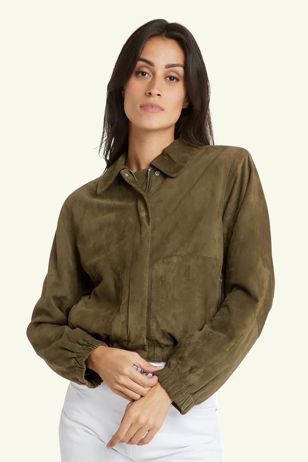 Damen Jacke Serge Pariente CLOTILDE GOAT SUEDE KHAKI — Ansicht 5
