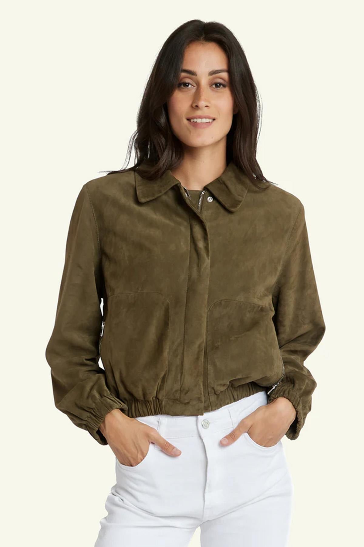 Damen Jacke Serge Pariente CLOTILDE GOAT SUEDE KHAKI — Ansicht 2