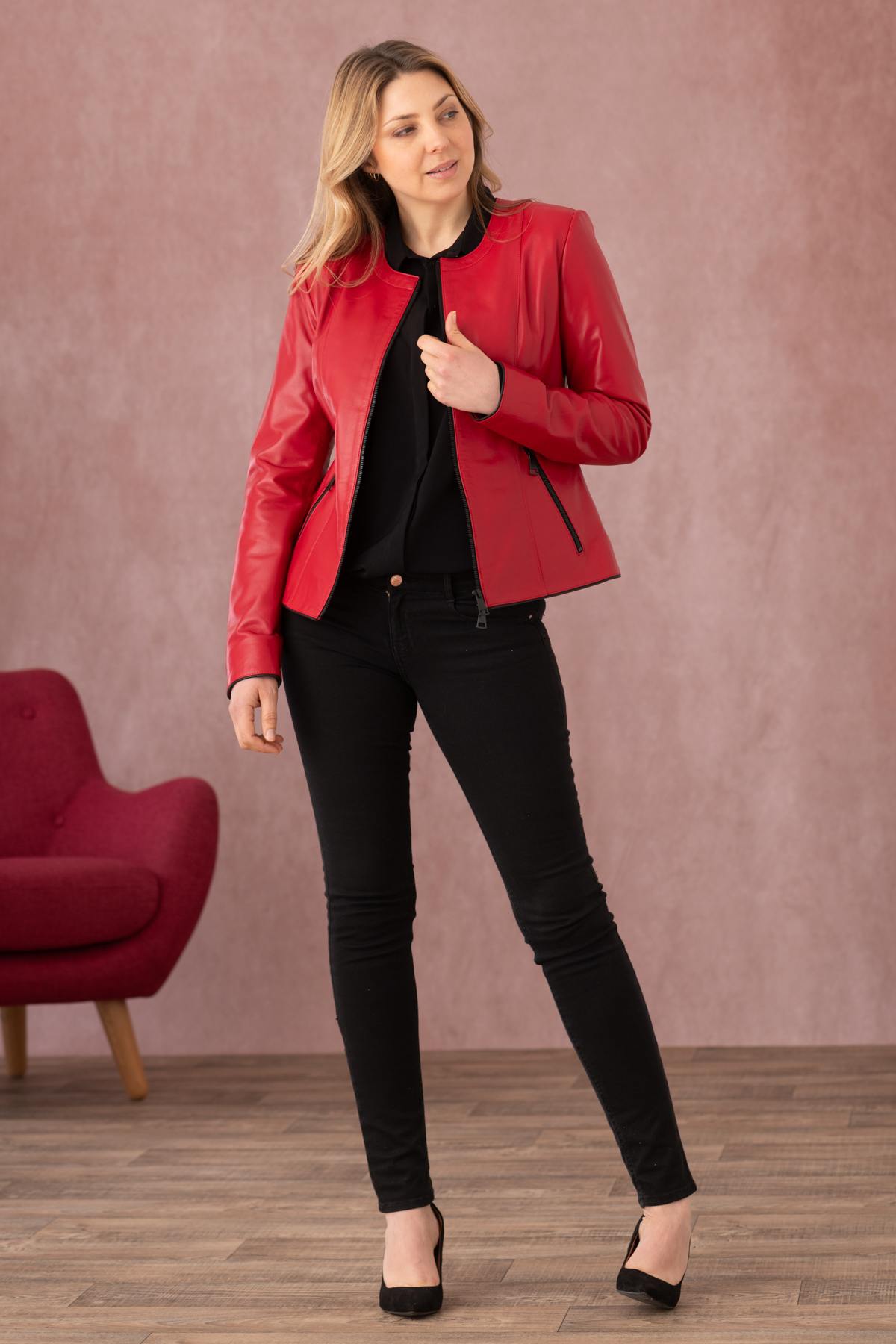 Giacche Donna Cityzen NOOLITA AGNEAU PERLE ROUGE/NOIR — vista 7