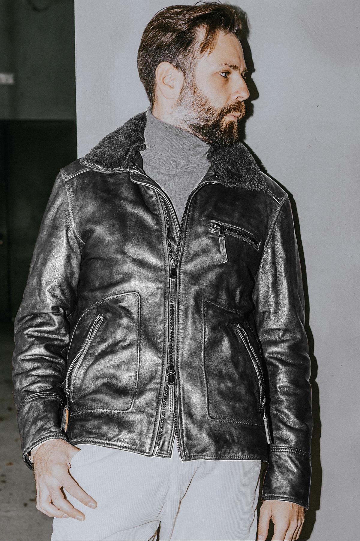Chaqueta Hombre The Jack Leathers AVIATOR BLACK +COLLAR RUB OFF 046 IRON — vista 6