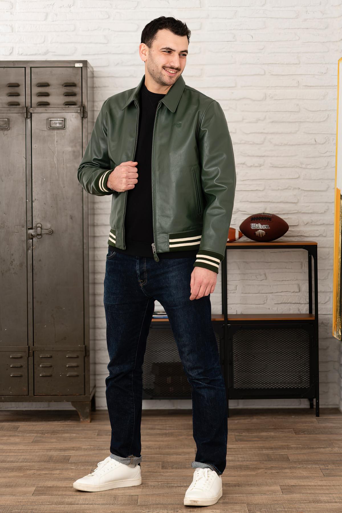 Chaqueta Hombre Schott LC5100 STRIPE GREEN / OFF WHITE — vista 4