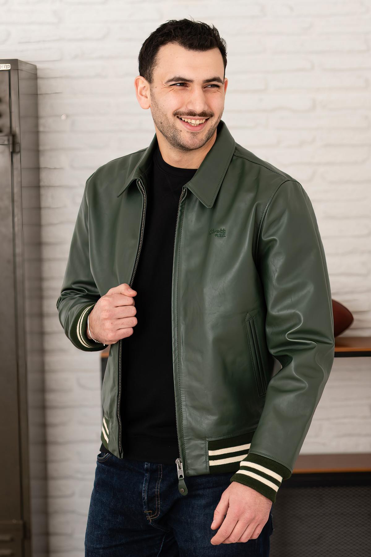 Chaqueta Hombre Schott LC5100 STRIPE GREEN / OFF WHITE — vista 7