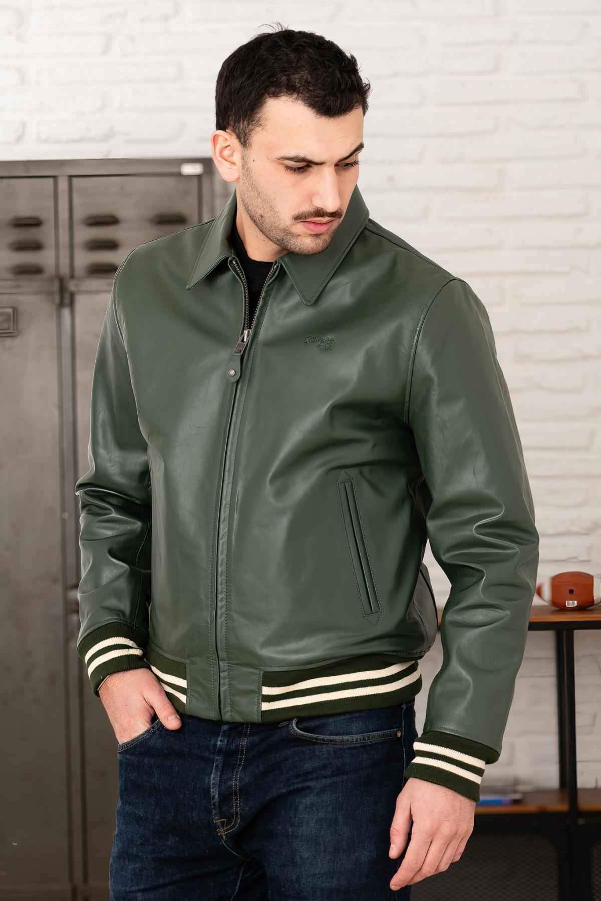 Chaqueta Hombre Schott LC5100 STRIPE GREEN / OFF WHITE — vista 2