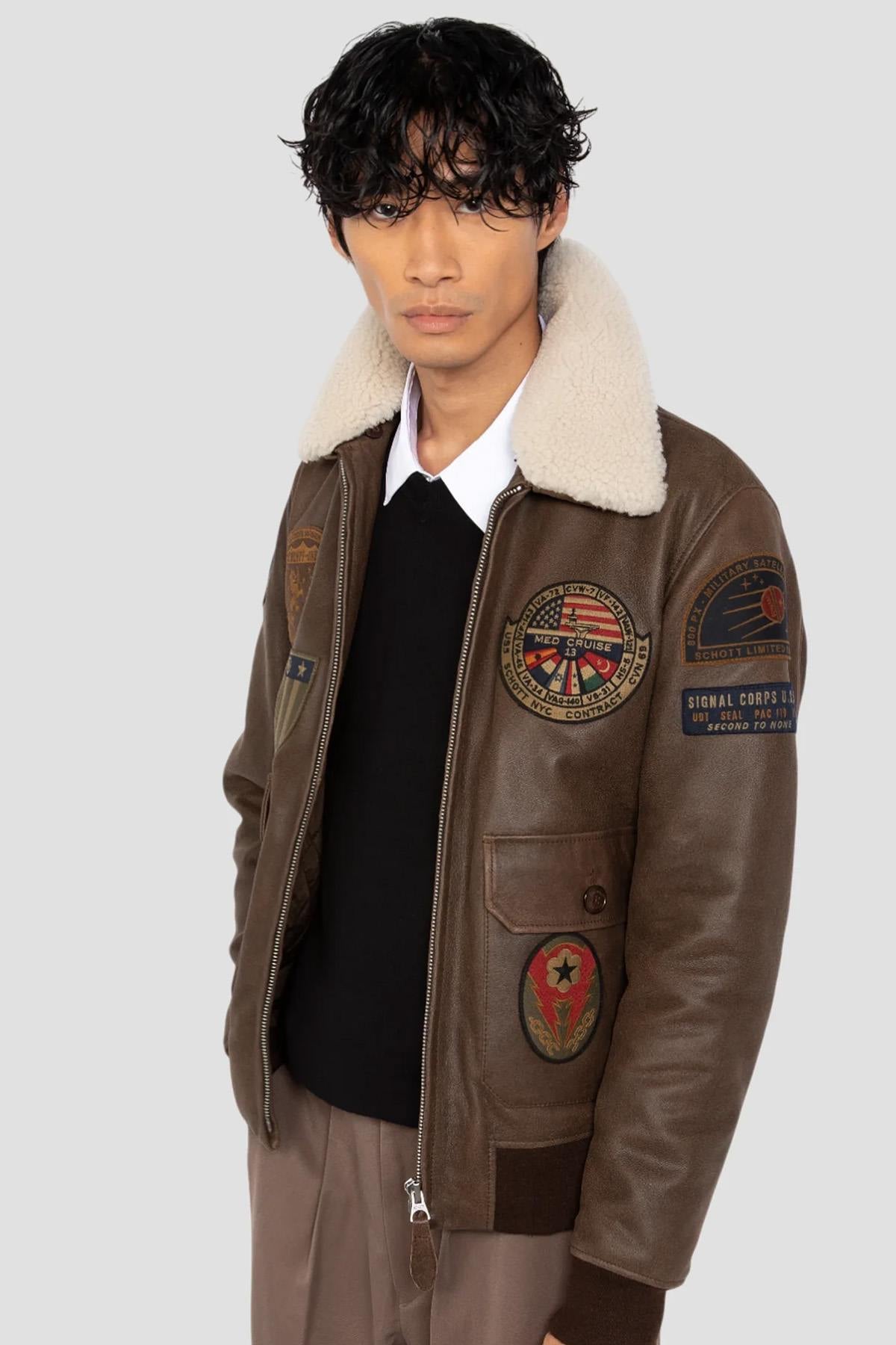 Blouson Homme Schott LCAVIATORBD MARRON — vue 3