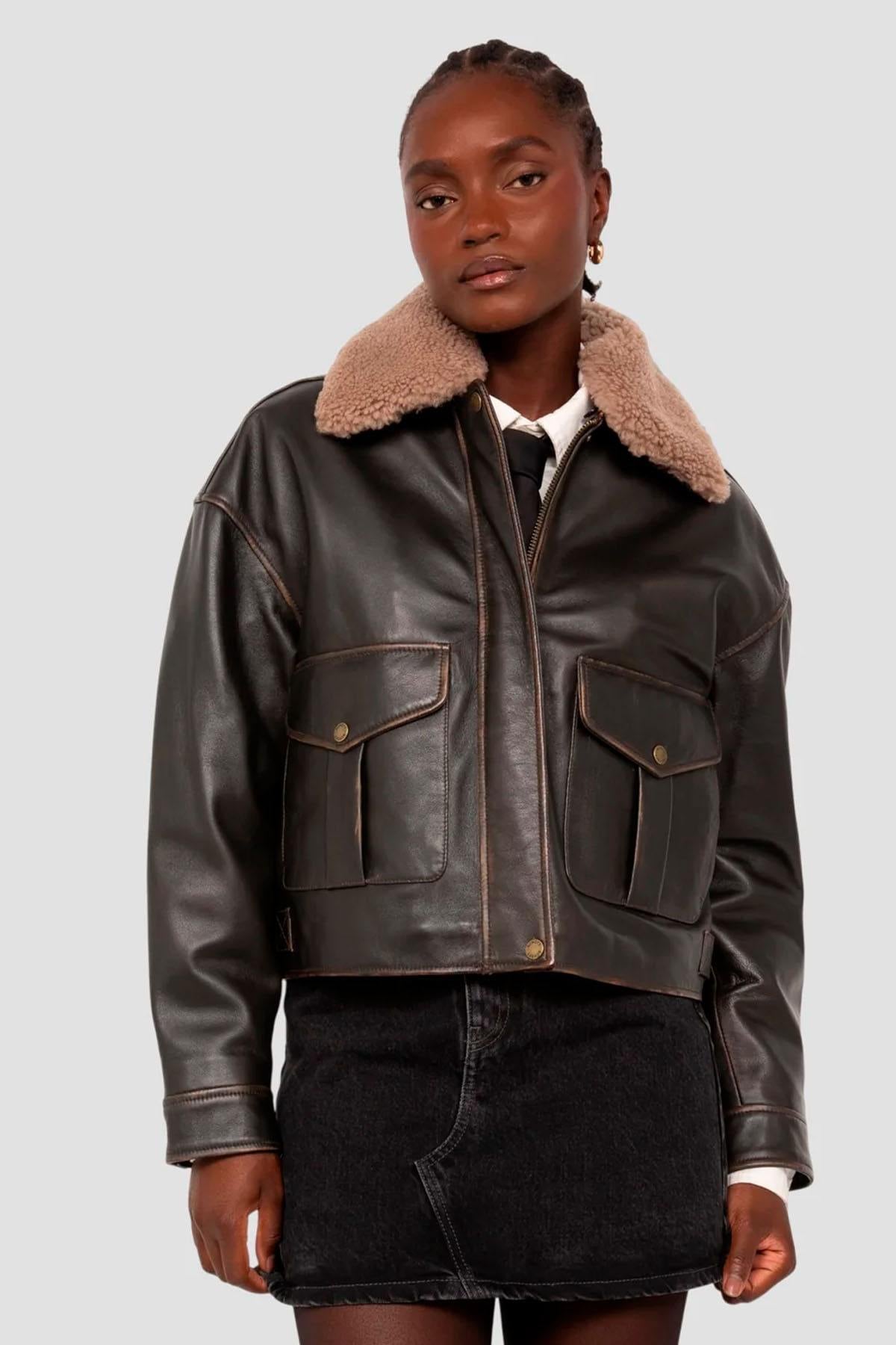 Blouson Femme Schott LCWDELIAVIN2 DARK BROWN VINT — vue 1