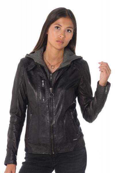 schwarze Damen-Kapuzen-Lederjacke CITYZEN