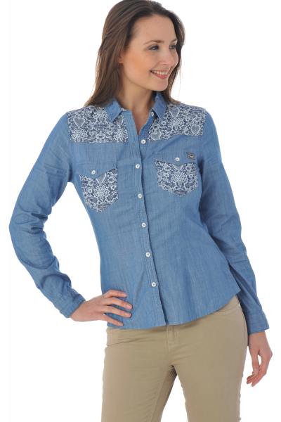 Chemise femme bleu denim avec motif fleural