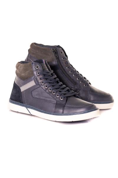 Chaussures montantes en cuir gris et bleu marine