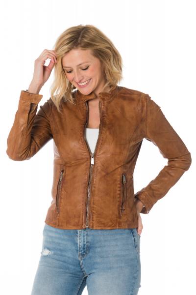 Blouson skinny femme en cuir de mouton cognac