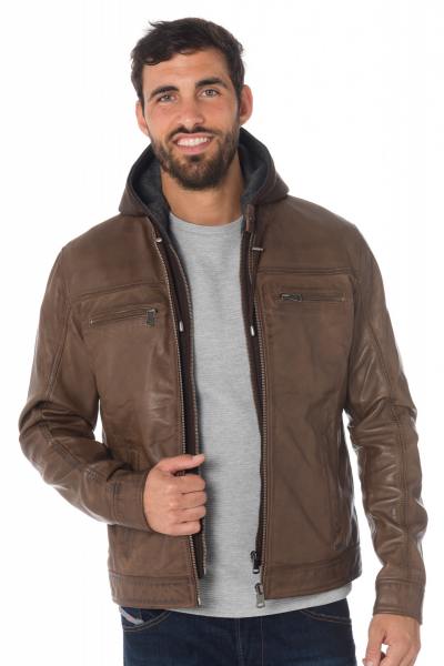 Blouson avec capuche en cuir de mouton cognac