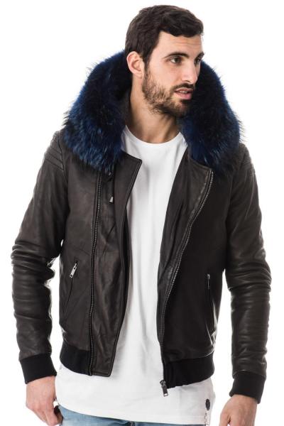 Blouson avec capuche en fourrure de raccoon bleu