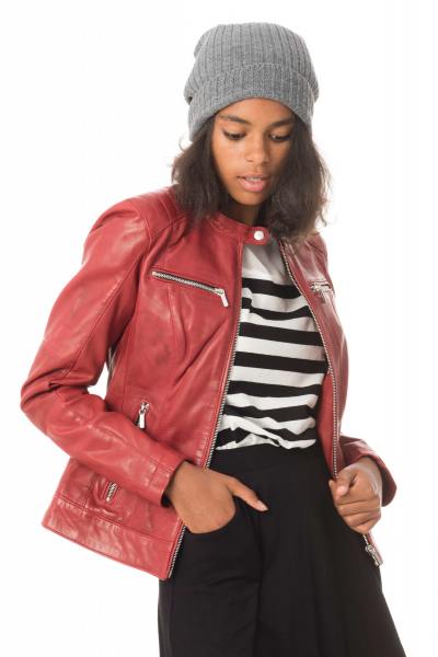 Blouson col motard femme en cuir rouge