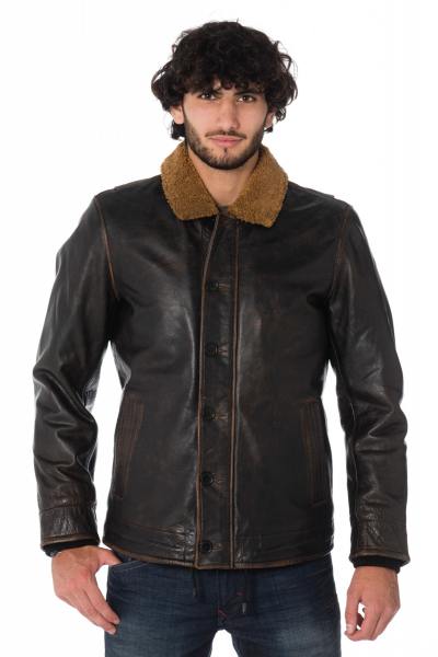 Blouson en cuir de vachette noir effet vieilli