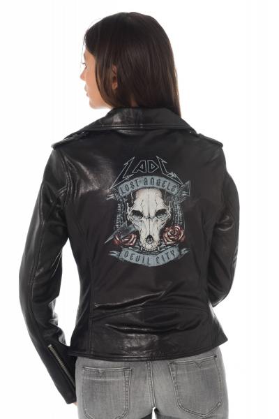 Schwarze Damen Schafsleder-Jacke mit Motiv auf dem Rücken