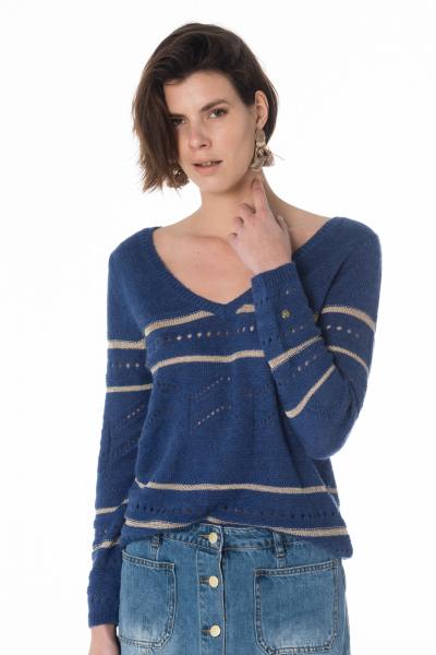 blauer Damen Strick-Pullover mit V-Auschnitt
