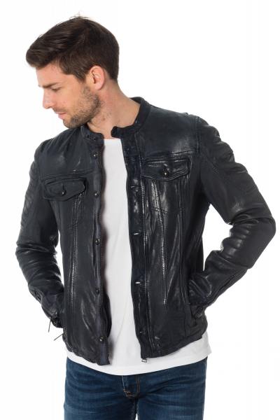 Blouson en cuir de mouton bleu marine effet froissé