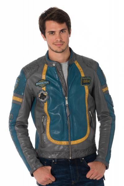 Blouson motard en cuir de mouton gris/bleu 