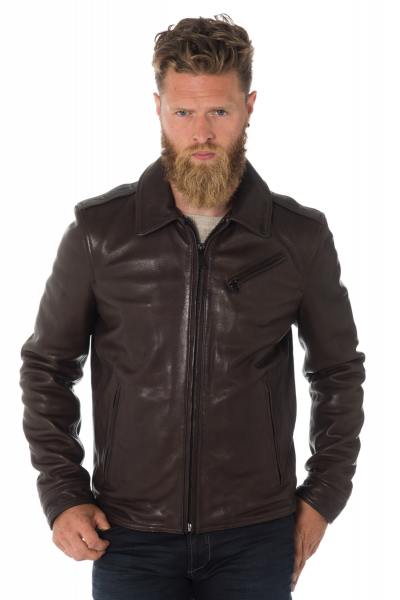 Blouson en cuir de vachette marron avec col chemise