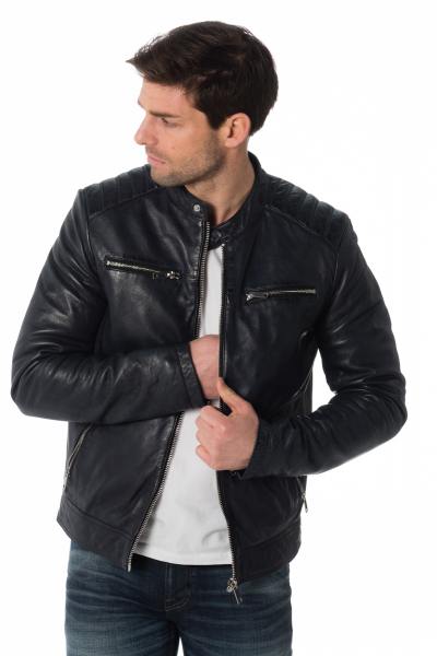 Blouson en cuir d'agneau homme bleu marine