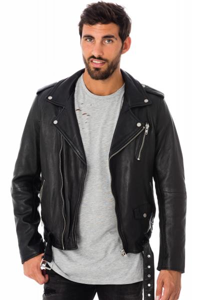 Blouson Biker Serge Pariente en cuir d'agneau noir