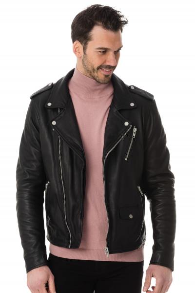 Blouson Biker mode homme en cuir noir