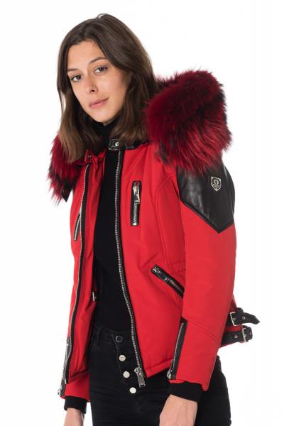 Schwarz-rote Horspist Damen Winterjacke mit roten Waschbärpelz