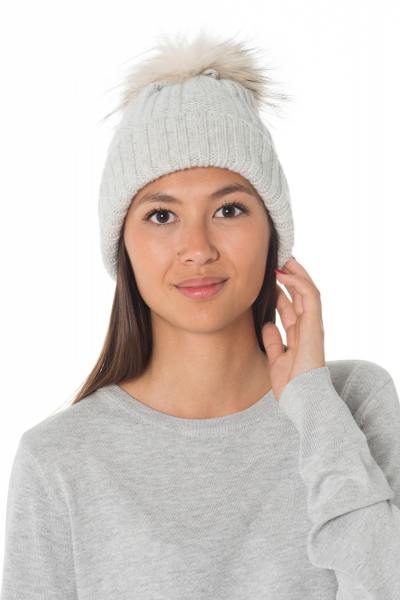 Bonnet en laine avec pompon en raccoon gris chiné