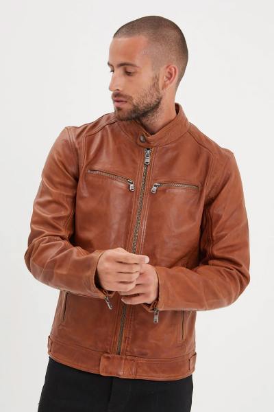 Blouson Daytona Homme en cuir d'agneau Cognac