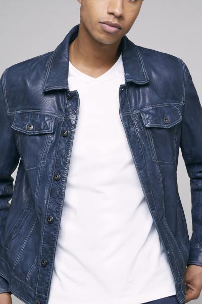 Blouson en cuir bleu col chemise rétro