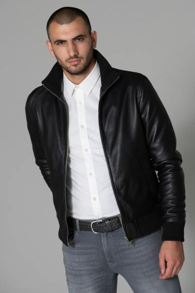 Blouson col montant noir cuir de mouton