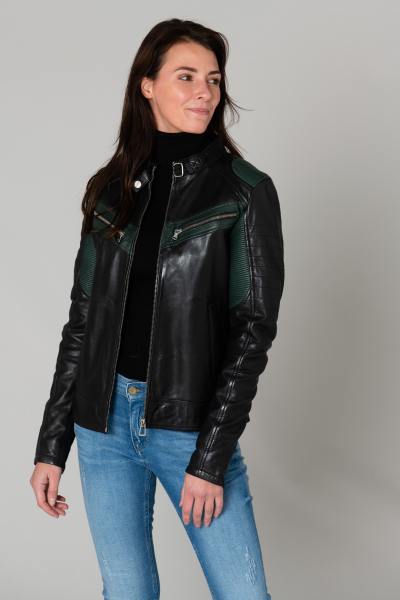 Blouson femme esprit motard vert et noir