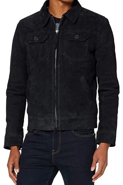 Blouson en cuir suede bleu marine