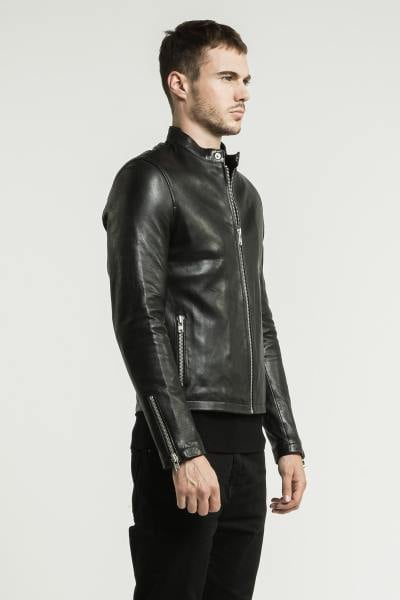 Blouson en cuir noir col pression