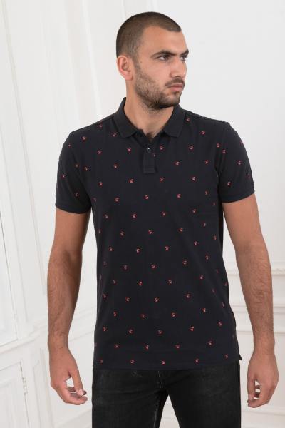 Polo homme bleu marine et motifs rouges