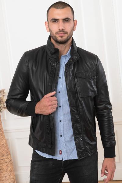 Blouson col montant en cuir d'agneau noir