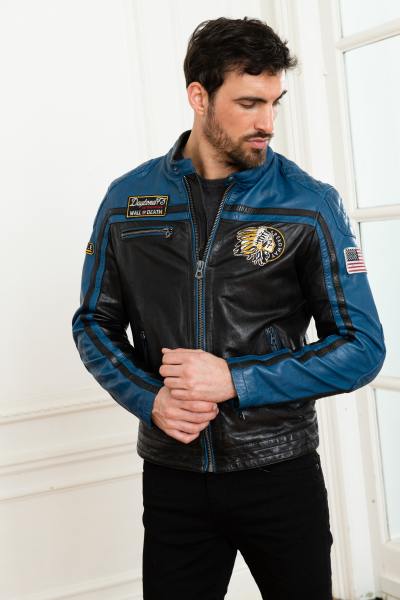 Blouson style motard bleu et noir