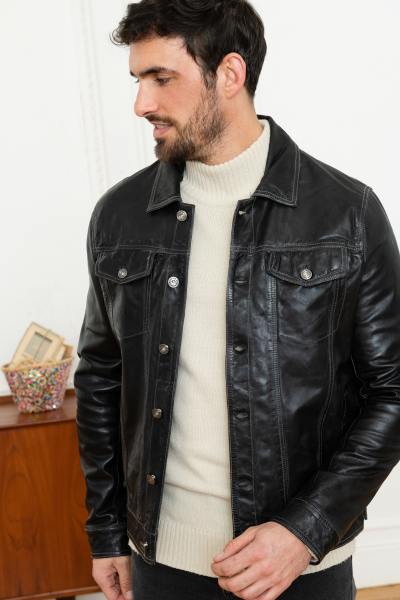 Blouson en cuir col chemise style rétro