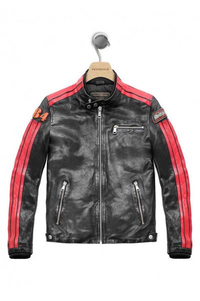 Blouson en cuir noir à bandes rouges esprit racing