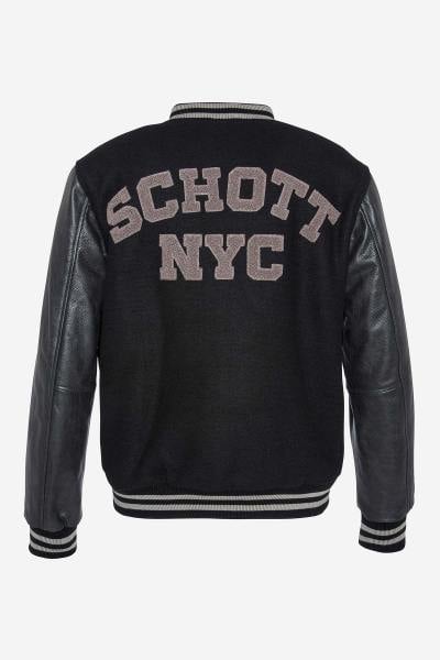 Varsity jacket noire en cuir de vachette et laine