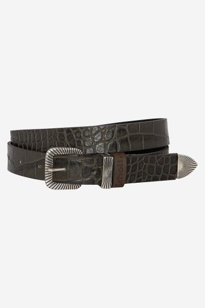 Cintura vintage in pelle effetto coccodrillo color kaki