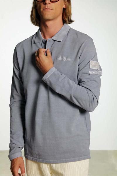 Steve McQueen Langarm Polo-Shirt blau grau