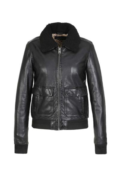 Vintage-Jacke aus schwarzem Leder mit abnehmbarem Pelzkragen