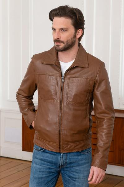 Cognacfarbene Jacke mit Hemdkragen aus weichem Leder 