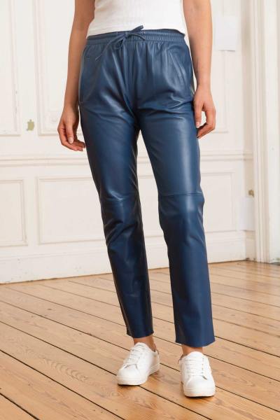 Pantaloni da donna in pelle blu metallizzato