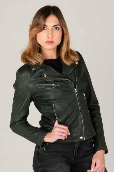 Blouson Biker en cuir kaki femme